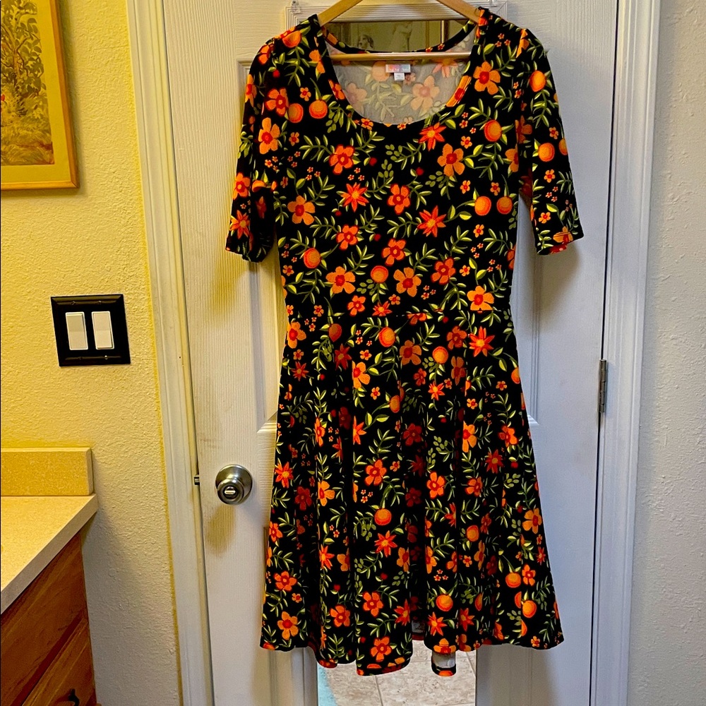 LuLaRoe Black and Orange Floral Midi Dress